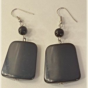 Simple Black Rectangle Dangle Earrings with Balls and Flower Base